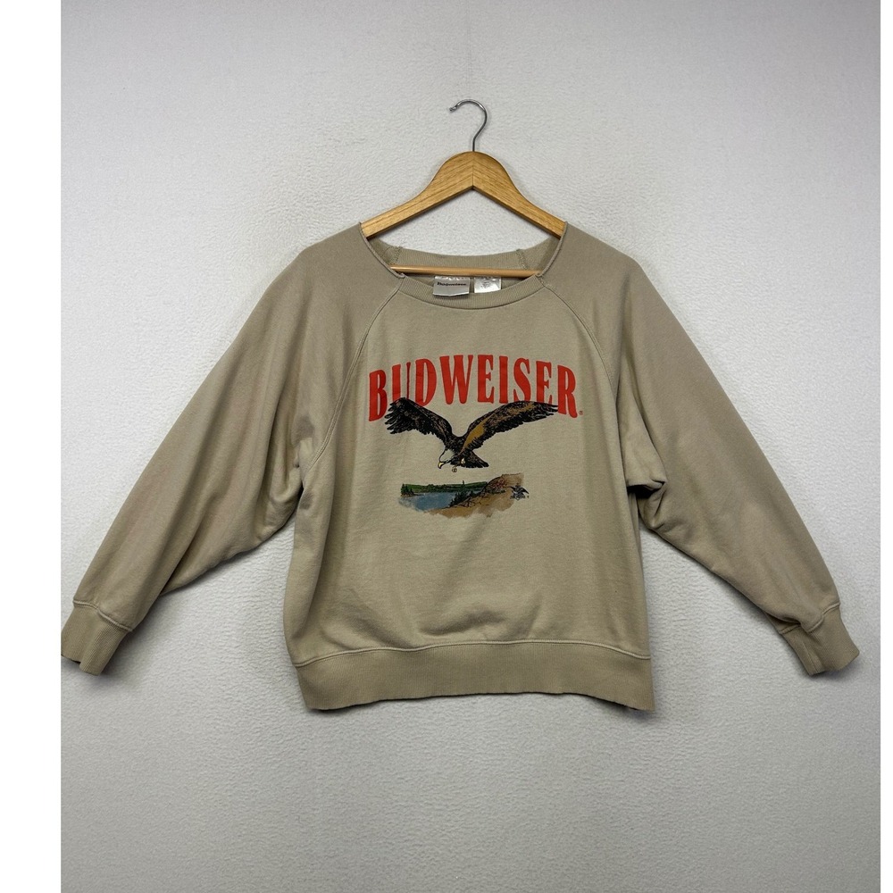 Vintage Style Budweiser Mens Large Tan Eagle Graphic Raglan Pullover Sweatshirt
